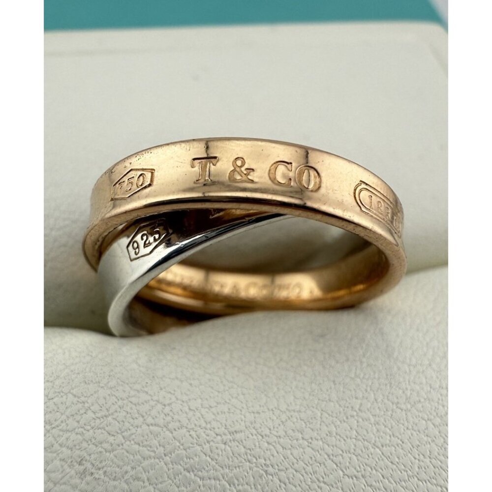 Tiffany & Co. 18k Rose Gold & Sterling Silver Interlocking 1837 Ring Band Size 5